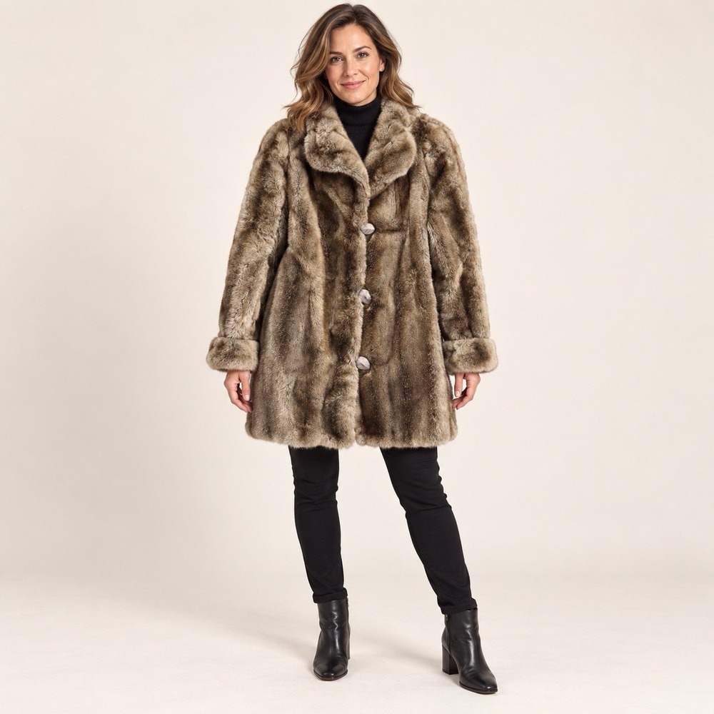 Vintage Country Pacer Tissavel France Faux Fur Coat Women's 12 Brown Mink Look